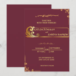 Invitación Pluma de marco floral y Boda islámica de oro