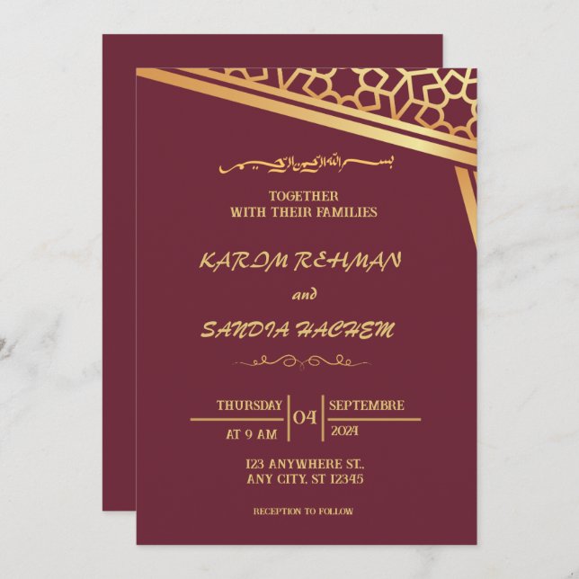 Invitación Pluma de marco floral y Boda islámica de oro (Anverso / Reverso)