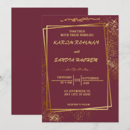 Invitación Pluma de marco floral y Boda islámica de oro