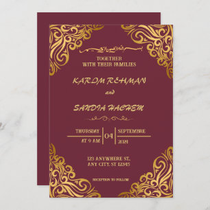 Invitación Pluma de marco floral y Boda islámica de oro