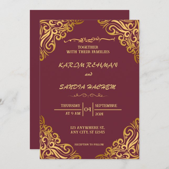 Invitación Pluma de marco floral y Boda islámica de oro (Anverso / Reverso)