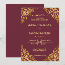 Invitación Pluma de marco floral y Boda islámica de oro