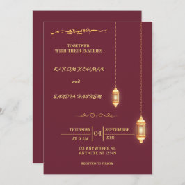 Invitación Pluma de marco floral y Boda islámica de oro