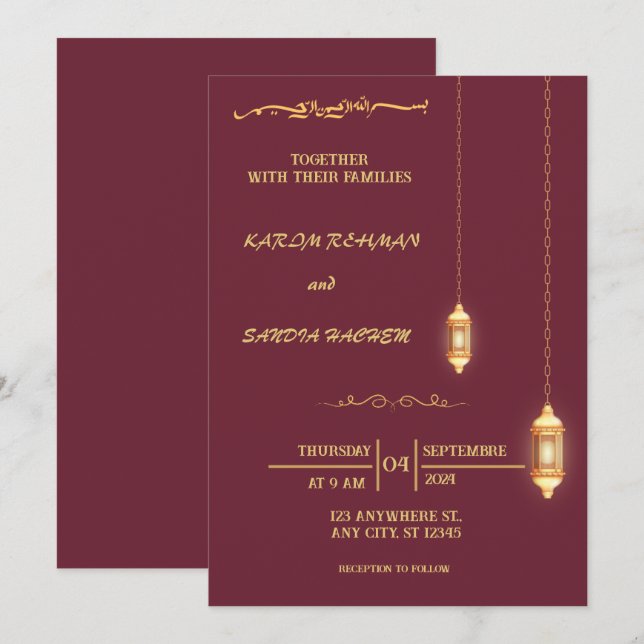 Invitación Pluma de marco floral y Boda islámica de oro (Anverso / Reverso)
