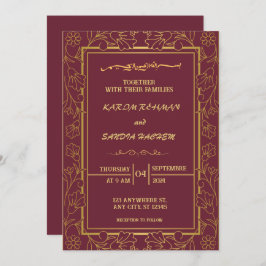 Invitación Pluma de marco floral y Boda islámica de oro