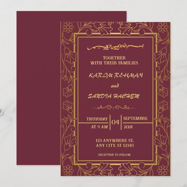 Invitación Pluma de marco floral y Boda islámica de oro (Anverso / Reverso)