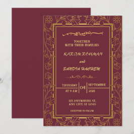 Invitación Pluma de marco floral y Boda islámica de oro