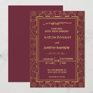 Invitación Pluma de marco floral y Boda islámica de oro
