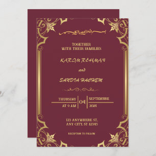 Invitación Pluma de marco floral y Boda islámica de oro