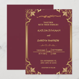 Invitación Pluma de marco floral y Boda islámica de oro