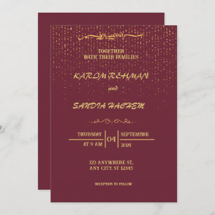 Invitación Pluma de marco floral y Boda islámica de oro