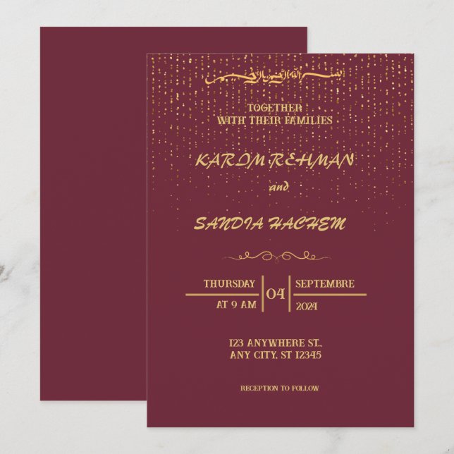 Invitación Pluma de marco floral y Boda islámica de oro (Anverso / Reverso)