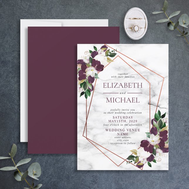 Invitación Pluma de Mármol Geométrica de Cobre Floral de Borg (Subido por el creador)