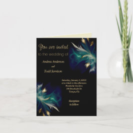 Invitación Pluma de oro negro azul verde azulado doblado