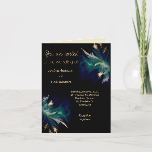 Invitación Pluma de oro negro azul verde azulado doblado (Anverso)