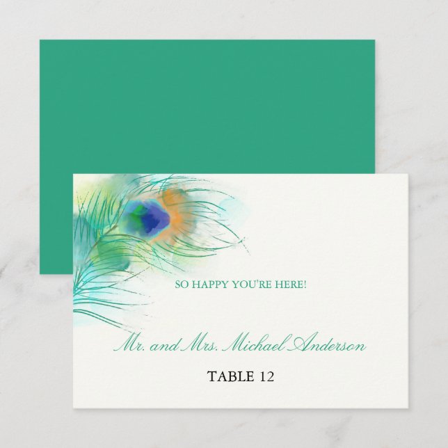 Invitación Pluma de Pavo Real con Acuarela Turquesa | Asiento (Anverso / Reverso)