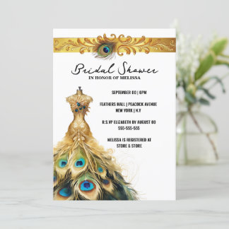 Invitación Pluma de pavo real vestido elegante blanco dorado