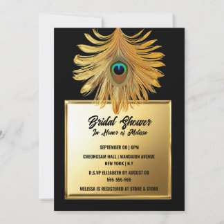 Invitación Pluma de plumas de pavo real ducha de novia de oro