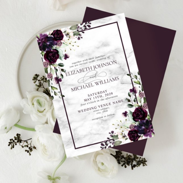 Invitación Pluma Flor Púrpura Acuarela Mármol Caída Boda (Subido por el creador)