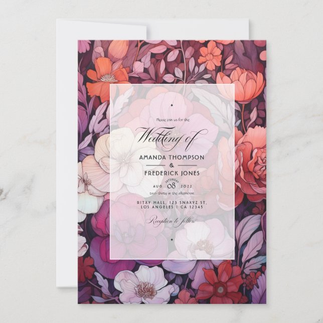 Invitación Pluma, gris, cobre y polvo Rosa Boda floral I (Anverso)