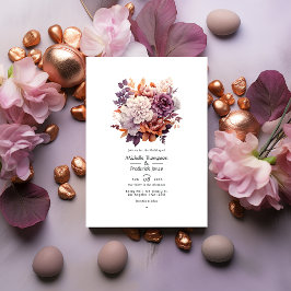 Invitación Pluma, gris, cobre y Rosa de Boda floral