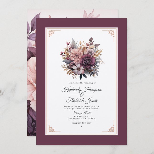 Invitación Pluma, gris, cobre y Rosa de Boda floral (Anverso / Reverso)