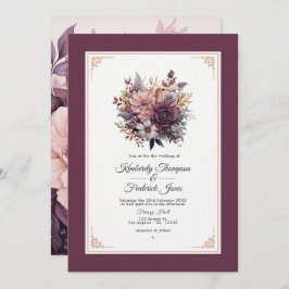 Invitación Pluma, gris, cobre y Rosa de Boda floral