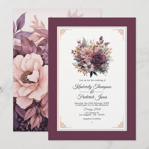 Invitación Pluma, gris, cobre y Rosa de Boda floral