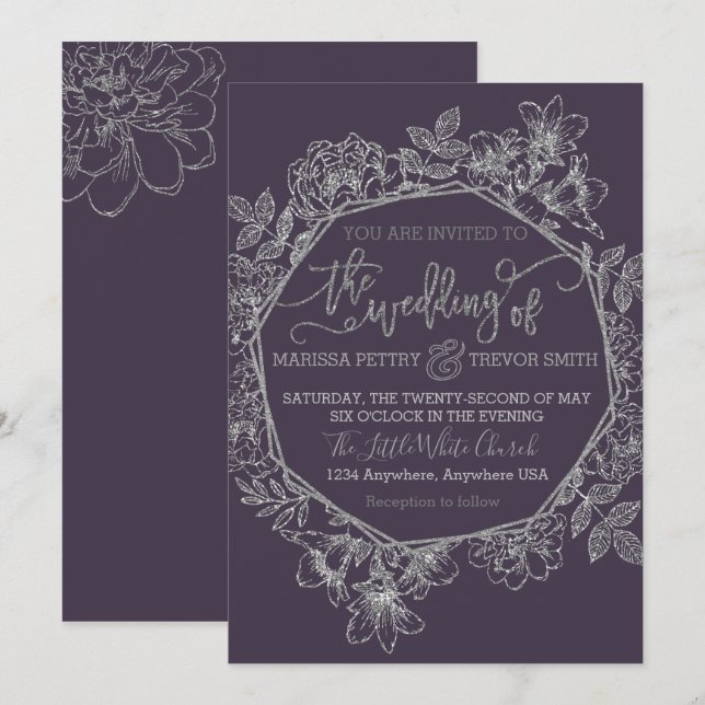 Invitación Pluma moderna, Boda floral morado oscuro y platead (Anverso / Reverso)