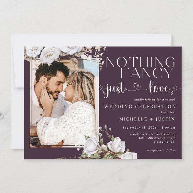 Invitación Pluma morada floral Boda casual solo amor (Anverso)