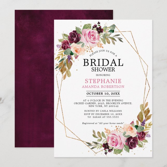 Invitación Pluma morada Rubor Pink Floral Bridal Shower (Anverso / Reverso)