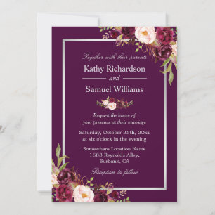 Invitación Pluma Morada Rústica Floral Plata Gris Fall Weddin