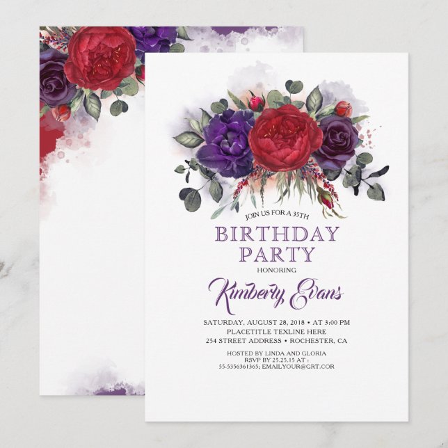 Invitación Pluma morada y borgoña caída floral Cumpleaños (Anverso / Reverso)