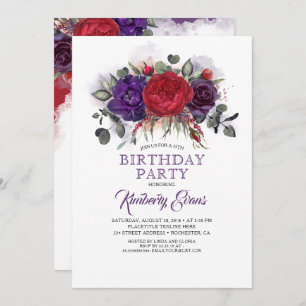 Invitación Pluma morada y borgoña caída floral Cumpleaños