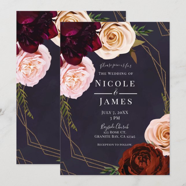 Invitación Pluma morada y oro Boda floral rústico moderno (Anverso / Reverso)
