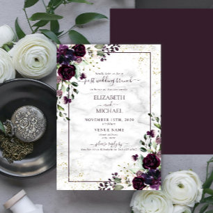 Invitación Pluma Morado Acuarela Mármol Post Boda Brunch