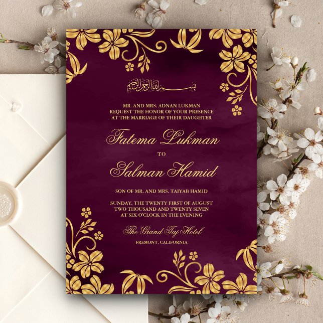 Invitación Pluma Morado Oro Floral Islámico Boda Musulmana (Subido por el creador)