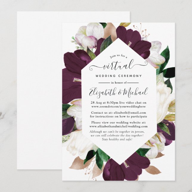 Invitación Pluma oscura y Boda virtual floral de primavera bl (Anverso / Reverso)