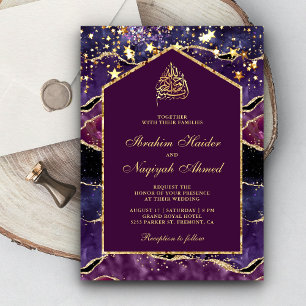 Invitación Pluma Purple Gold Agate Marble Arch Boda Musulmana