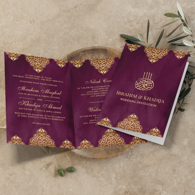 Invitación Pluma Purple Gold Motif Boda musulmana (Subido por el creador)