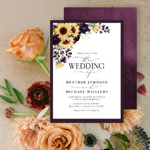 Invitación Pluma Purple Sunflower Watercolor Script Boda