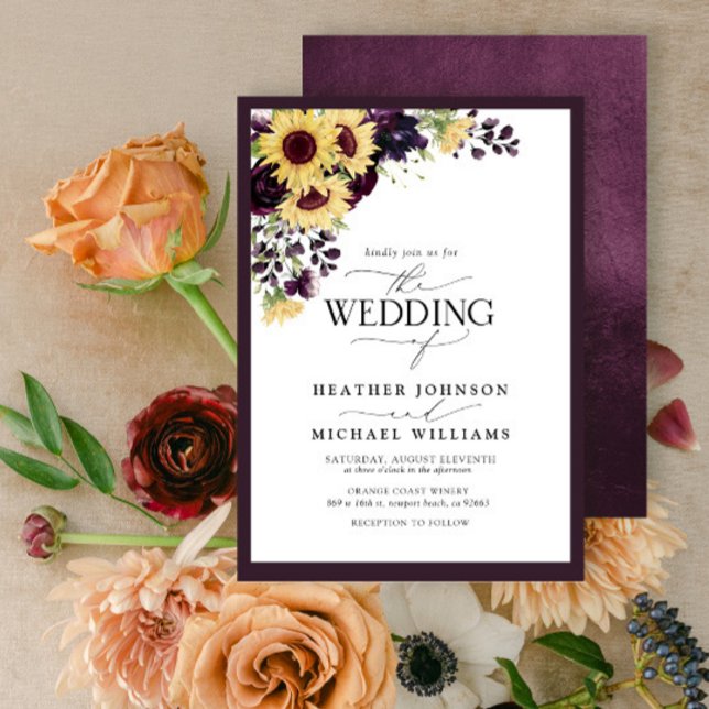 Invitación Pluma Purple Sunflower Watercolor Script Boda (Subido por el creador)