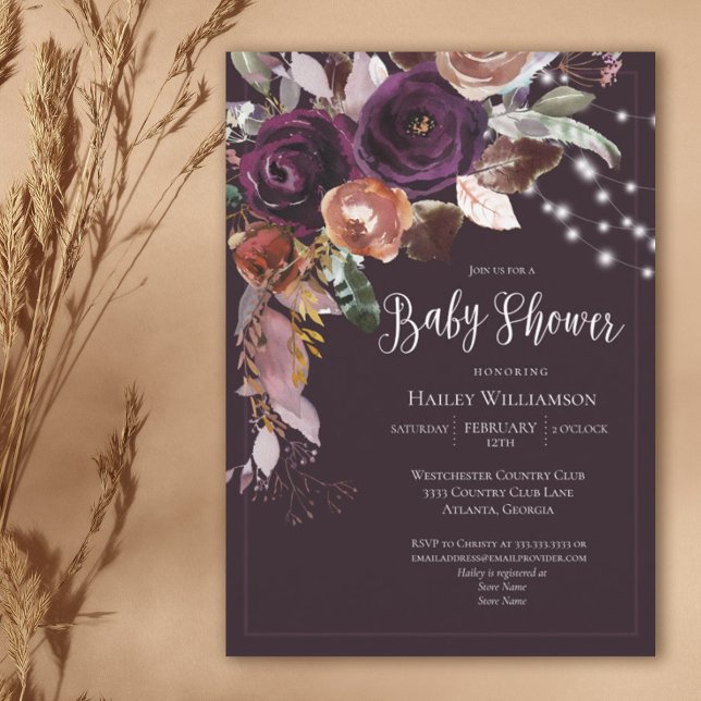 Invitación Pluma, púrpura, dorada Floral String Light Baby Sh (Subido por el creador)