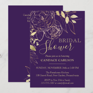 Invitación Pluma púrpura y ducha dorada floral moderna