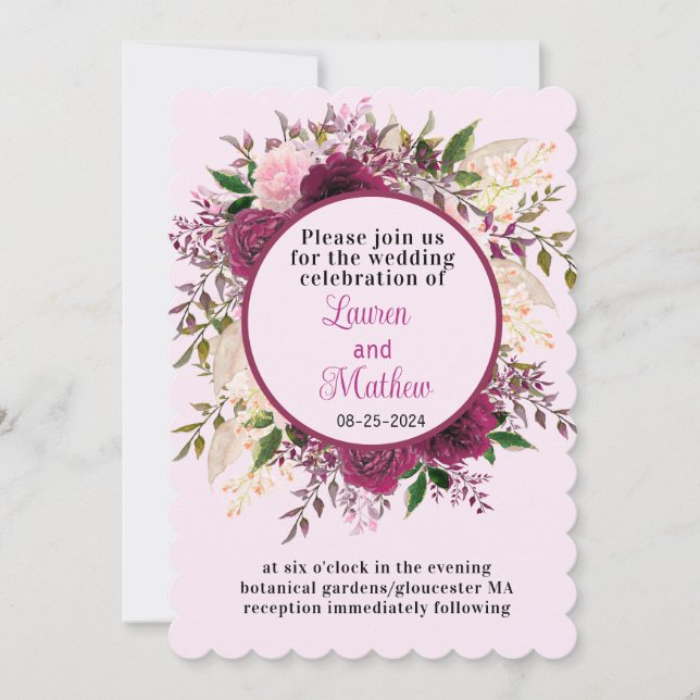 Invitación Pluma romántica borgoña Boda floral rosa Rubor (Anverso)