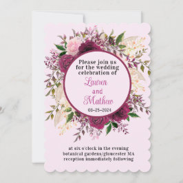 Invitación Pluma romántica borgoña Boda floral rosa Rubor