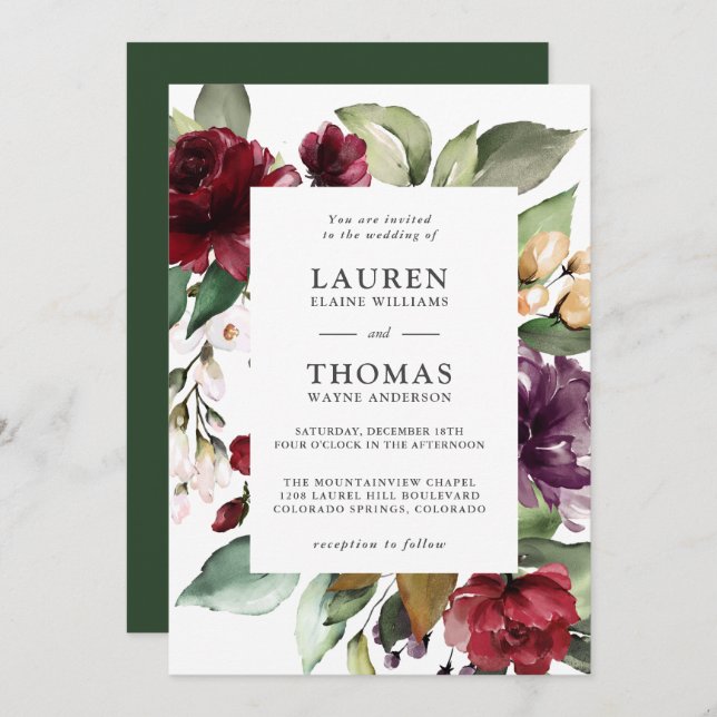 Invitación Pluma romántica de Borgoña y Boda floral verde (Anverso / Reverso)