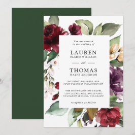 Invitación Pluma romántica de Borgoña y Boda floral verde