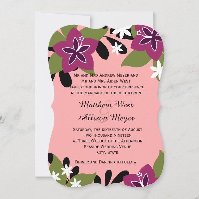 Invitación Pluma rosa Boda floral tropical (Anverso)