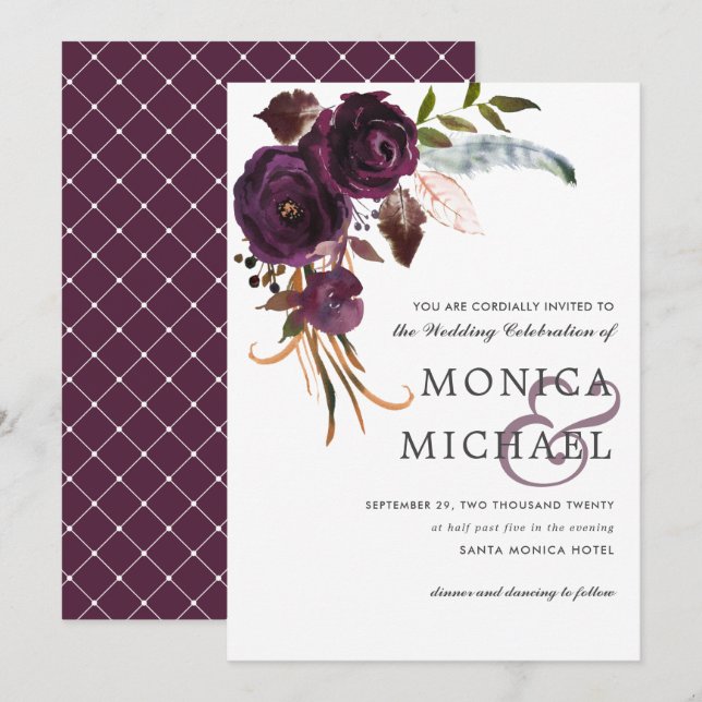 Invitación Pluma Rústica | Boda de Moda de esquina de Morado  (Anverso / Reverso)